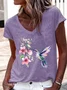 Women's Hummingbird Watercolor Nature Bird Lover V Neck Casual Regular Fit T-Shirt