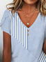 Abstract Stripes Casual Petal Sleeve V Neck Buckle T-Shirt