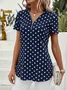 Women's Short Sleeve Shirt Summer Dark Blue Polka Dots Zipper V Neck Going Out Top