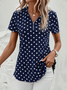 Women's Short Sleeve Shirt Summer Dark Blue Polka Dots Zipper V Neck Going Out Top