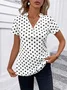 Women's Short Sleeve Shirt Summer Dark Blue Polka Dots Zipper V Neck Going Out Top