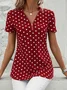 Women's Short Sleeve Shirt Summer Dark Blue Polka Dots Zipper V Neck Going Out Top