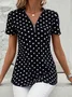 Women's Short Sleeve Shirt Summer Dark Blue Polka Dots Zipper V Neck Going Out Top