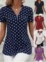 Women's Short Sleeve Shirt Summer Dark Blue Polka Dots Zipper V Neck Going Out Top