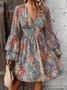 Loose Ethnic Casual V Neck Dress With No