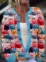 Fashionable multi-color cat round neck button knit sweater