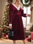 Women's Long Sleeve Spring/Fall Wine Red Plain Lace V Neck Holiday Going Out Casual Maxi A-Line Dress
