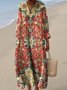 Women's V Neck Vintage Floral Art Print Loose Dress