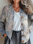 Women's Floral Art Pattern Print Buttoned Loose Knitted Casual Crew Neck Cardigan
