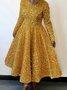Women's Long Sleeve Spring/Fall Champagne Geometric Crew Neck Holiday Going Out Elegant Maxi A-Line Dress