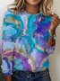 Women's Long Sleeve T-shirt Spring/Fall Blue Abstract Cotton Crew Neck Daily Going Out Casual Top