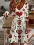 Women's Long Sleeve Spring Love Flower Valentine's Day Print V-Neck Casual Dress