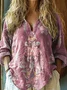 Women's retro national flower print casual linen V-neck shirt