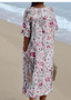 Cotton-Blend V Neck Vintage Loose Dress With No