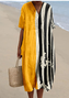 Boho Multicolor Block Loose V Neck Dress With No