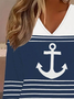 Women's Anchor Stripe Print Casual V-Neck Long Sleeve Casual T-Shirt