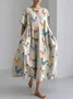 Funny Farm Chicken Embroidery Pattern Linen Blend Casual Dress With No Belt