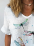 Women's Short Sleeve Blouse Summer As Picture Dragonfly Cotton Crew Neck Daily Going Out Casual Top