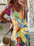 Women's Spring Summer Floral Dragonfly Print Casual V Neck Short Sleeve Dress