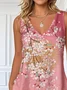 V Neck Casual Floral Loose T-Shirt