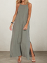 Vacation Plain Pocket Stitching Square Neck linen-cotton Maxi Dress