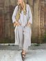 Women Casual Plain Summer V neck Lightweight No Elasticity Daily Pullover Top With Pants Two-Piece Sets