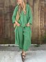 Women Casual Plain Summer V neck Lightweight No Elasticity Daily Pullover Top With Pants Two-Piece Sets