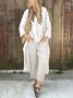 Women Casual Plain Summer V neck Lightweight No Elasticity Daily Pullover Top With Pants Two-Piece Sets
