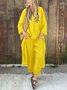 Women Casual Plain Summer V neck Lightweight No Elasticity Daily Pullover Top With Pants Two-Piece Sets