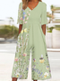 Loose Vintage Botanical Pattern V Neck Jumpsuit