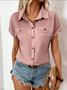 Women's Short Sleeve T-shirt Summer Blue Plain Shawl Collar Daily Going Out Casual Top