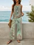 Women's Floral Print Casual Suspender Pants Two-Piece Set