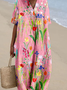 Boho Floral Cotton-Blend V Neck Dress With No