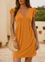Women's Short Sleeve Summer Navyblue Plain V Neck Daily Going Out Casual Knee Length A-Line Ruffle Skirt Dress