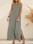 Vacation Plain Pocket Stitching Square Neck linen-cotton Maxi Dress