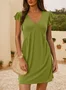 Women's Short Sleeve Summer Navyblue Plain V Neck Daily Going Out Casual Knee Length A-Line Ruffle Skirt Dress