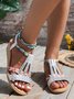 Women Rhinestone Floral Print Braided Ankle Strap Wedge Sandals