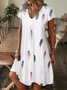Cotton Feather Pattern V Neck Casual Dress With No