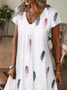 Cotton Feather Pattern V Neck Casual Dress With No
