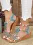 Women Rhinestone Floral Print Braided Ankle Strap Wedge Sandals