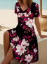 V Neck Casual Cotton Floral Dress With No