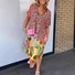 Women's short-sleeved summer purple leopard print plant half-open collar loose V-neck print color matching cheetah pocket slits daily outing casual mid-length dress