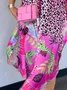 Women's short-sleeved summer purple leopard print plant half-open collar loose V-neck print color matching cheetah pocket slits daily outing casual mid-length dress