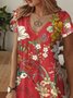 Floral Casual V Neck Cotton Dress With No