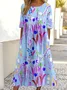 Crew Neck Casual Loose Floral Dress With No