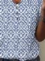 Women's Geometric Print Pearl Button V-Neck Short Sleeve T-Shirt