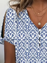 Women's Geometric Print Pearl Button V-Neck Short Sleeve T-Shirt