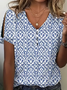 Women's Geometric Print Pearl Button V-Neck Short Sleeve T-Shirt