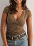 Women's Short Sleeve T-shirt Summer Wine Red Plain Ruched V Neck Daily Going Out Casual Top