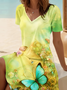 Women's Floral Butterfly Print Casual V-Neck Short Sleeve Dress